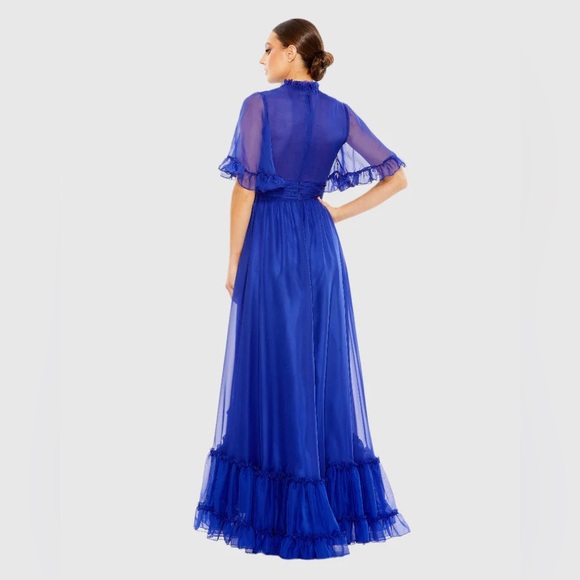 MAC DUGGALRuffled High Neck Flutter Sleeve High Low Hem Gown